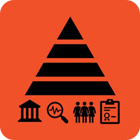 An icon comprised of a pyramid above an institution, a magnifying glass above a graph, people, and a certificate